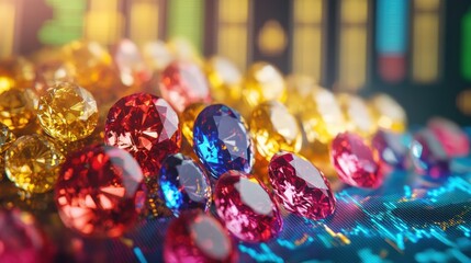 Obraz premium Digital trading platform displaying live gemstone prices beside raw sapphires.