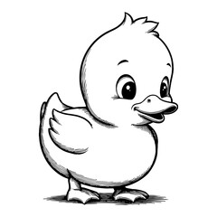 Cute Chibi Cartoon Duck Black and White Line Art Illustration Detailed Drawing with Engraving Style