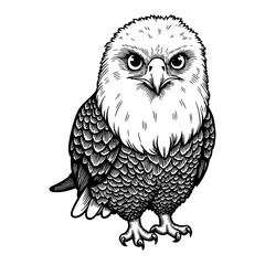 Cute Chibi Cartoon Eagle Front View Detailed Black and White Outline Line Art Drawing Illustration