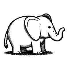 Cute Chibi Cartoon Elephant Standing on Grass with Detailed Black and White Outline Line Art Drawing