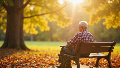 Elderly Man with Alzheimer’s Sitting on a Bench in a Beautiful Park During Autumn