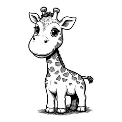 Cute Chibi Giraffe Cartoon Standing Front View Detailed Black and White Outline Line Art Drawing