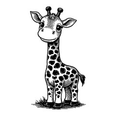 Fototapeta premium Cute Chibi Cartoon Giraffe Standing on Grass with Detailed Black and White Outline Line Art Drawing