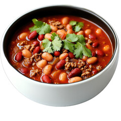 A hearty bowl of chili topped with fresh cilantro and beans.