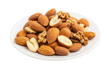 A plate of mixed nuts featuring almonds and walnuts.