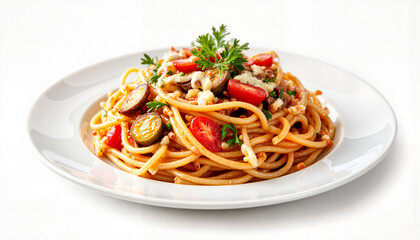 Delicious spaghetti with vegetables on a white plate, culinary delight