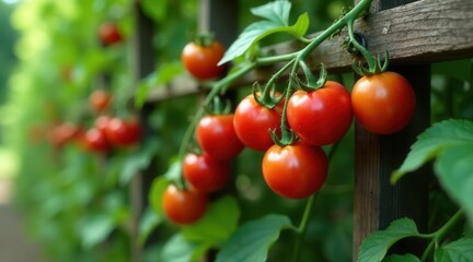 A vibrant cluster of ripe red tomatoes growing on a wooden trellis, surrounded by lush green foliage, showcasing the beauty of homegrown produce