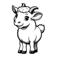 Smiling Cute Chibi Goat Cartoon Graphic with Detail in Black and White Outline Line Art Drawing