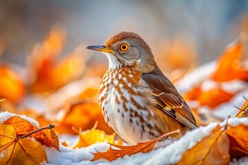 Surreal Close-Up: Fluffy Orange-Chested Thrasher on Snowy Ground