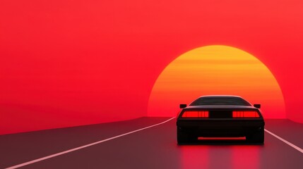 Naklejka premium A silhouette of a car driving towards a vibrant red sunset on an open road, evoking a sense of adventure and tranquility.