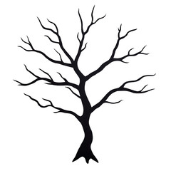 A silhouetted black tree with bare branches against a stark background.
