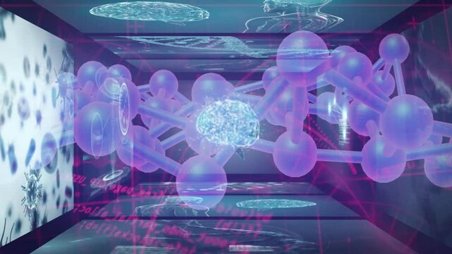 Futuristic digital brain and molecular structure with data processing animation - Powered by Adobe