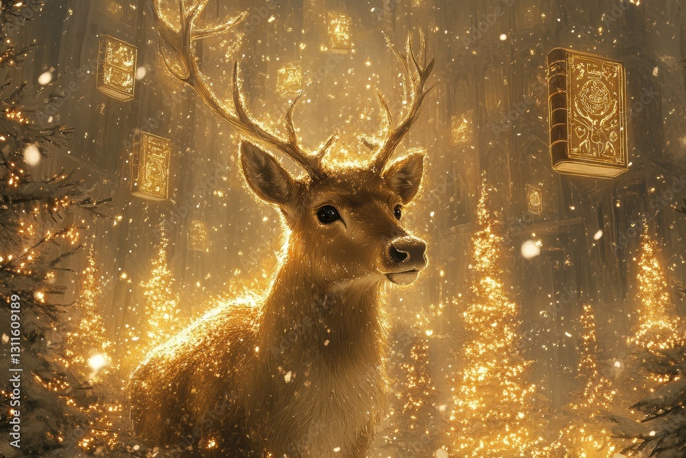 Poster majestic deer surrounded by glowing lanterns in an enchanted forest during a serene winter evening w