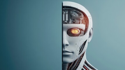 A futuristic robot head, partially exposed, showcasing intricate circuits and an illuminated eye, symbolizes the merging of technology and humanity.