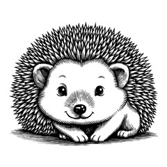Cute Chibi Cartoon Hedgehog Face with Happy Expression Black and White Outline Line Art Drawing