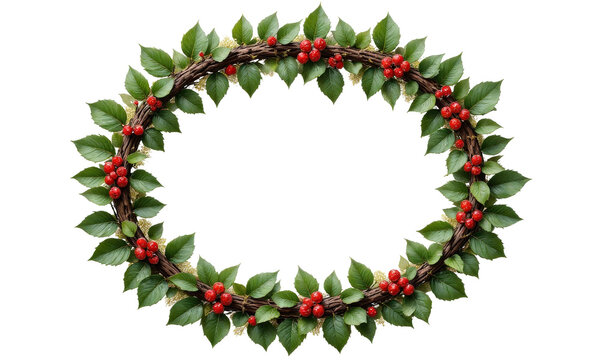 Circular Wreath with Red Berries and Green Leaves on Transparent Background
