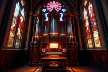 A majestic pipe organ in a sanctuary, bathed in the warm glow of candlelight, stands before stained-glass windows depicting religious scenes