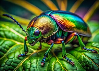 Naklejka premium Surreal Close-up of Paederinae Beetle on Green Leaves in Lush Forest