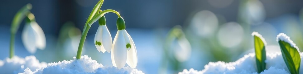 Drooping white petals unfolding from snow-encrusted stem, Snowdrops, Winter Blooms, Frost