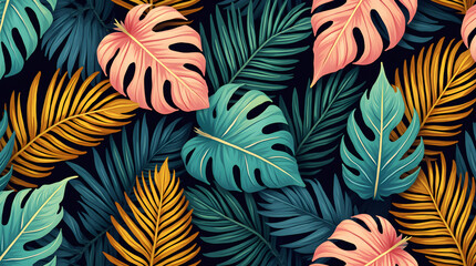 Vibrant Colorful Tropical Exotic Jungle Leaves Seamless Pattern Monstera Palm Botanical Graphic Trendy Modern Stylish Decorative Wallpaper Background Art