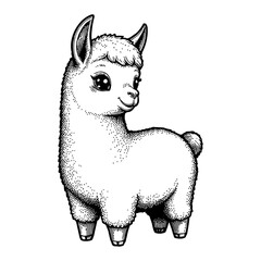 Cute Cartoon Chibi Llama Standing Isolated Front View Black and White Outline Line Art Drawing