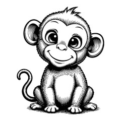 Cute Chibi Cartoon Monkey Sitting Smiling with Detail in Black and White Outline Line Art Drawing