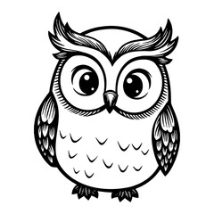 Cute Cartoon Chibi Owl with Big Eyes Detailed in Black and White Outline Line Art Drawing Vector