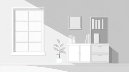 Sunlit minimalist room, cabinet, books, plant. Home decor, website background