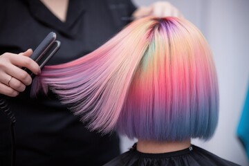 Naklejka premium Stylish woman with vibrant rainbow hair getting straightened with flat iron.