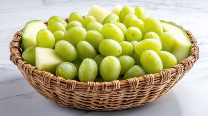 A heart-shaped basket with juicy green grapes and sliced honeydew melon.