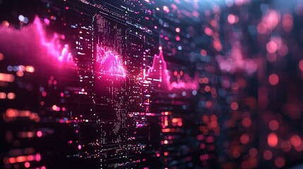 Obraz premium Abstract digital landscape with vibrant pink data visualizations and glowing lights