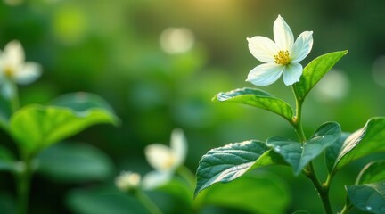 A Delicate White Blossom Illuminated by Golden Sunlight Amidst Lush Green Foliage