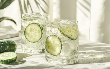 Two Glasses of Cucumber Water with Ice