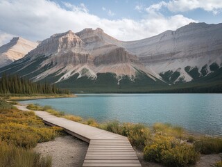 Tranquil lake surrounded by majestic mountains and lush greenery under a serene blue sky.
