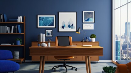 Modern home office with city view, desk, laptop