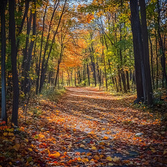 Obraz premium Serene Autumn Forest Trail with Golden Foliage and Sunlit Canopy Inviting Tranquil Nature Walk