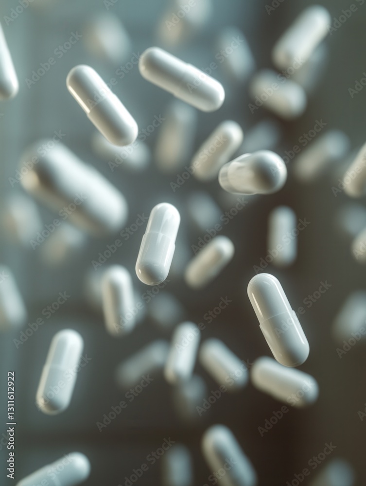 Poster Floating pills in zero gravity exhibit medical abstract concepts with soft shadows and cinematic lighting