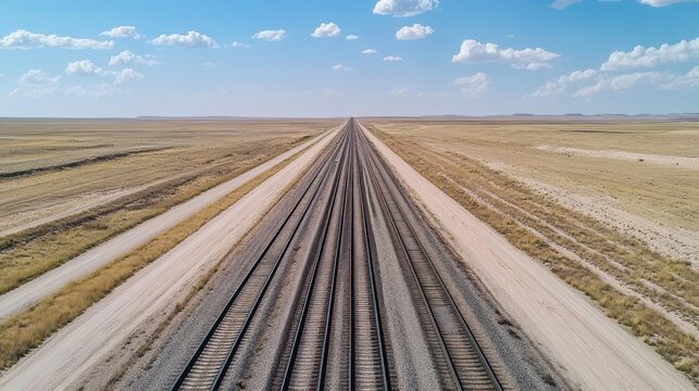A vast landscape featuring parallel railway tracks stretching into the horizon under a blue sky.