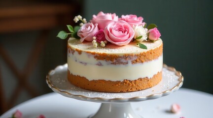 Elegant Two-Layered Cake Adorned with Delicate Pink Roses and White Flowers on a Pedestal