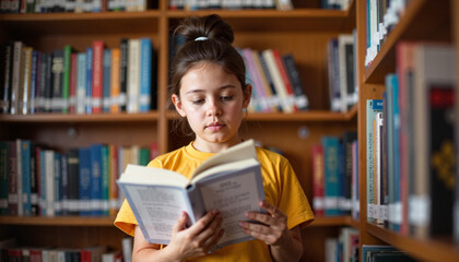 Young Girl Reading a Book in a Library for World Book Day

