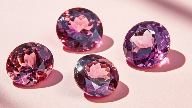 Lustrous spinel gemstones with deep pink and red hues on a pastel pink background.