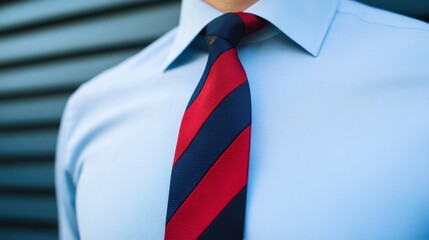 A light blue dress shirt with a color-blocked red and navy tie.