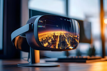 Curved Monitor and VR Headset in Minimalist Space Tech-Enabled Virtual Travel Dashboard for Innovative Business Solutions and Digital Tourism
