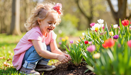 Little Girl Planting Flowers in a Garden on a Sunny Day