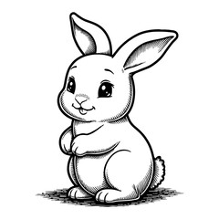 Cute Chibi Cartoon Rabbit Standing with Detail Hand Drawn Vector Black and White Outline Line Art Drawing
