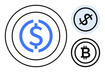 Dollar sign, Bitcoin logo, and stablecoin icon in minimal graphic style. Ideal for finance, cryptocurrency, blockchain, fintech, digital economy investments and modern transactions. Flat simple