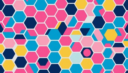 A Vibrant, Playful Honeycomb Pattern Explodes With Joy, Energy, And Summery Hues Of Pink, Blue, And Yellow, Creating A Cheerful And Optimistic Abstract Design