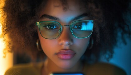 Young woman with curly hair and glasses engages with smartphone in dimly lit room during evening hours