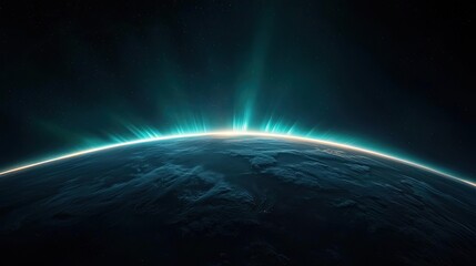 Aurora borealis northern lights concept. A stunning view of Earth's atmosphere with radiant light effects at the horizon.