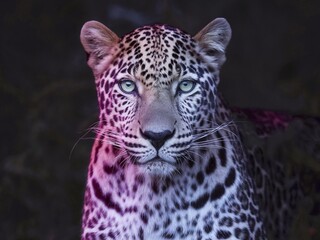 Fototapeta premium A close-up of a majestic leopard with striking blue eyes, showcasing its unique spotted fur.